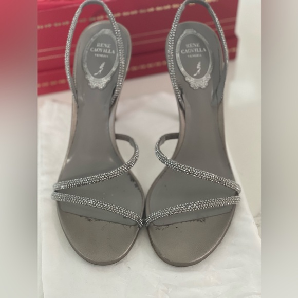 Rene Caovilla Irina Ash Grey Satin / Light Chrome Heel Pump 38.5 - Picture 8 of 8